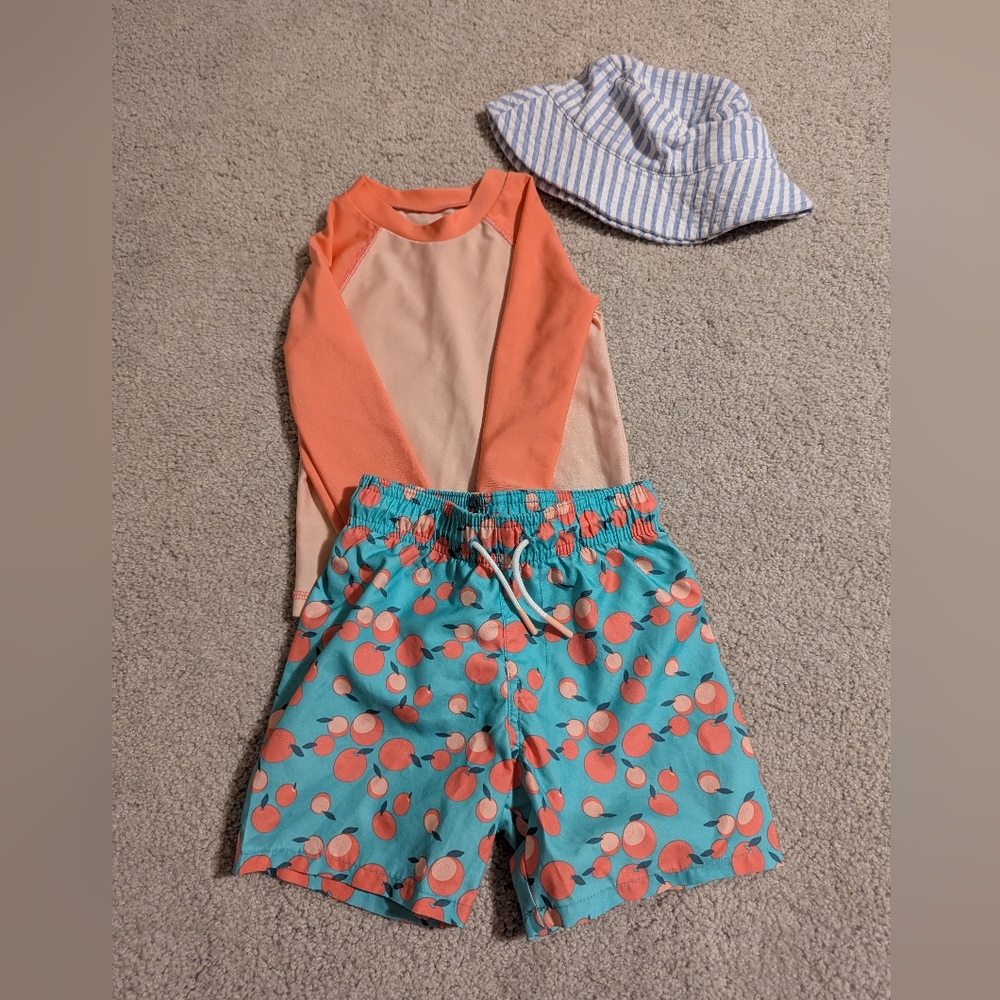 Cat and Jack Peach swim trunks, rash guard, and hat Bundle
